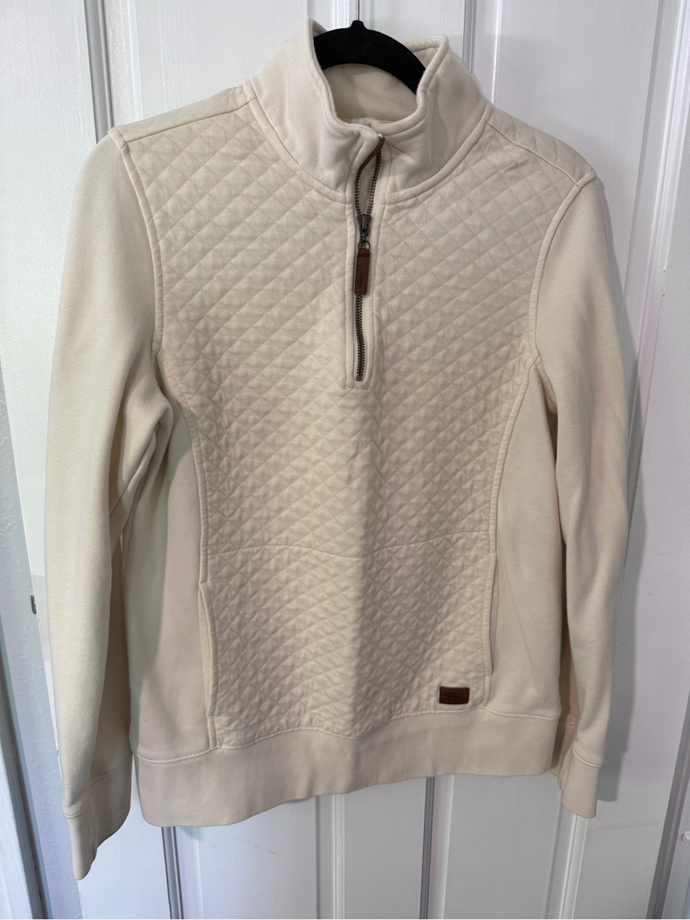 L.L. Bean Cream Quilted Pullover with Leather Logo Patch